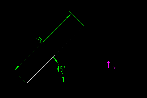 X軸を基準にして傾斜角45度で描いた長さ50mmの線分の例